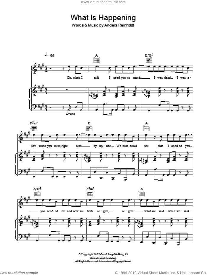 What Is Happening sheet music for voice, piano or guitar by Alphabeat and Anders Reinholldt, intermediate skill level