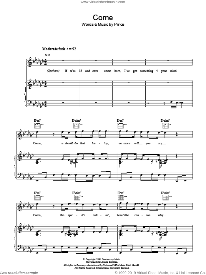 Come sheet music for voice, piano or guitar by Prince and Prince Rogers Nelson, intermediate skill level