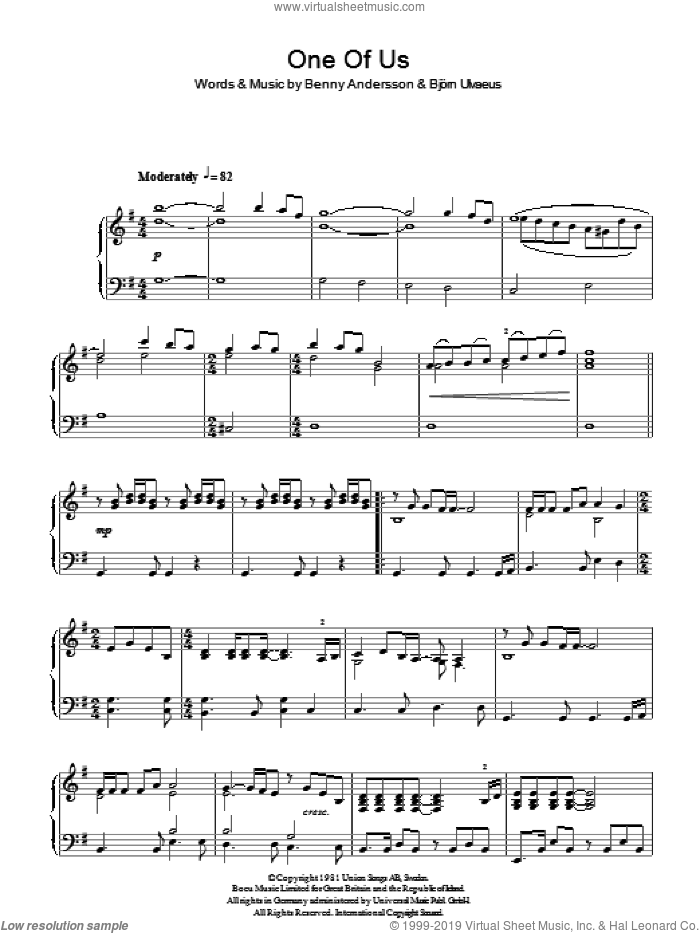 One Of Us, (intermediate) sheet music for piano solo by ABBA, Benny Andersson, Bjorn Ulvaeus and Miscellaneous, intermediate skill level