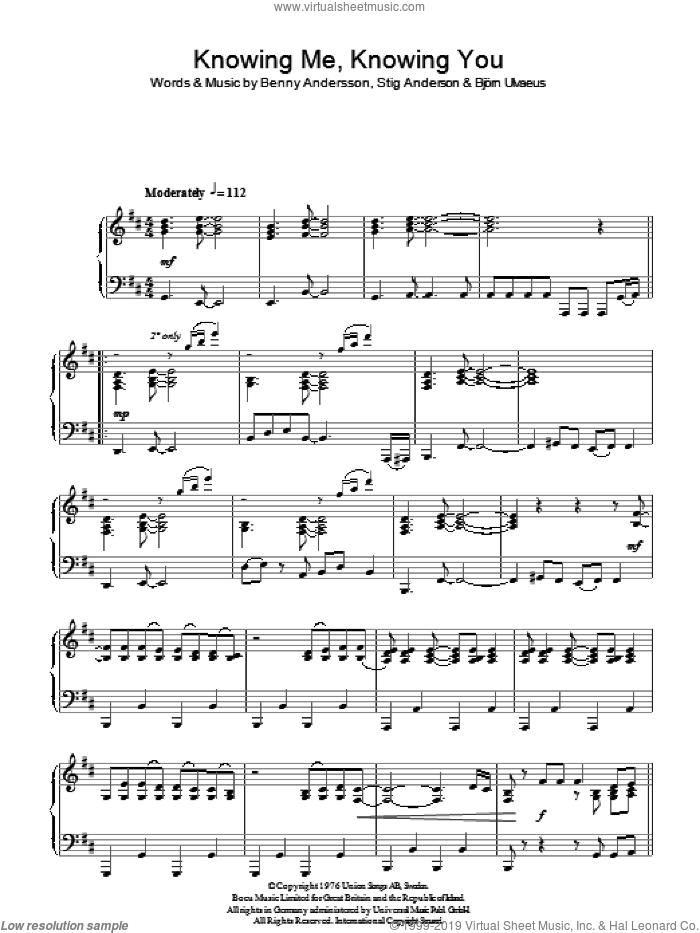 Knowing Me, Knowing You, (intermediate) sheet music for piano solo by ABBA, Benny Andersson, Bjorn Ulvaeus, Miscellaneous and Stig Anderson, intermediate skill level