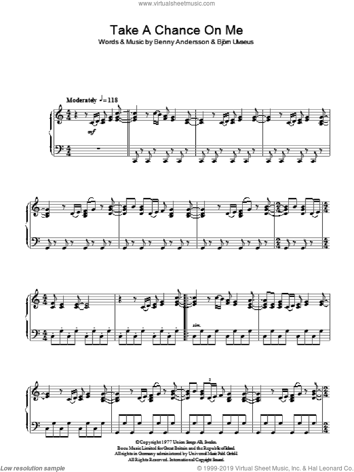 Take A Chance On Me sheet music for piano solo by ABBA, Benny Andersson, Bjorn Ulvaeus and Miscellaneous, intermediate skill level