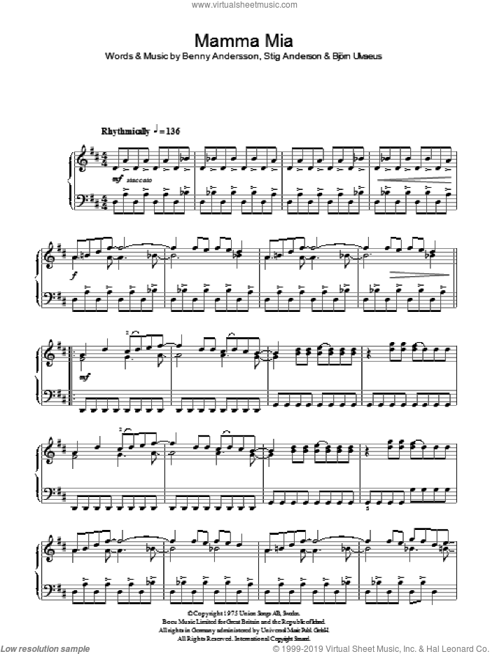 Mamma Mia, (intermediate) sheet music for piano solo by ABBA, Benny Andersson, Bjorn Ulvaeus, Miscellaneous and Stig Anderson, intermediate skill level