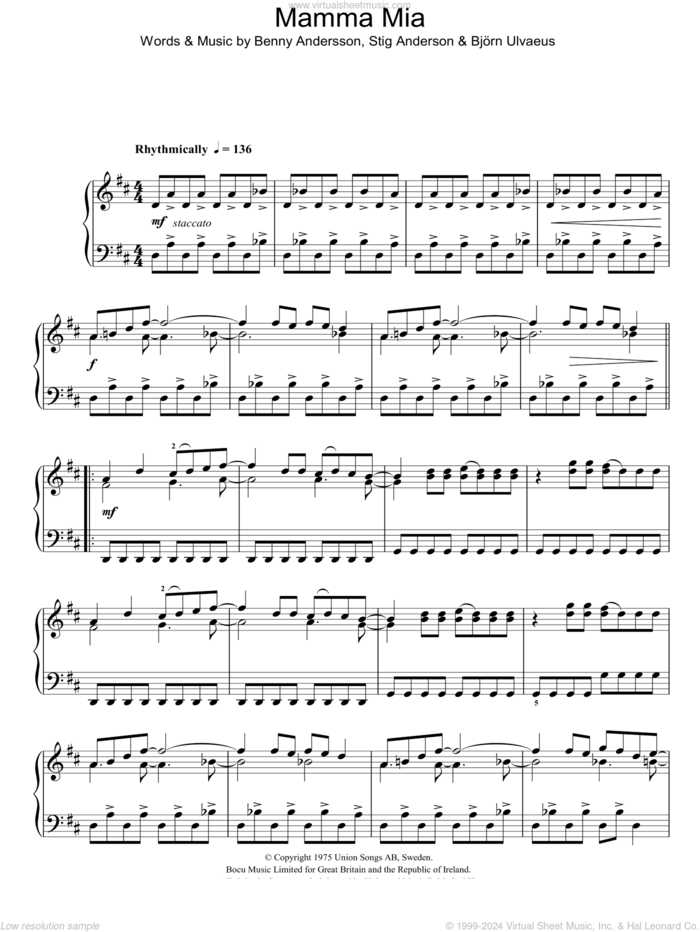 Mamma Mia, (intermediate) sheet music for piano solo by ABBA, Benny Andersson, Bjorn Ulvaeus, Miscellaneous and Stig Anderson, intermediate skill level