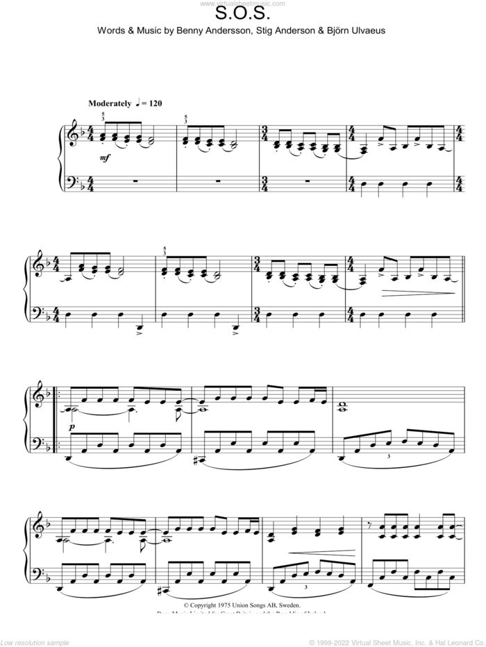 SOS sheet music for piano solo by ABBA, Benny Andersson, Bjorn Ulvaeus, Miscellaneous and Stig Anderson, intermediate skill level