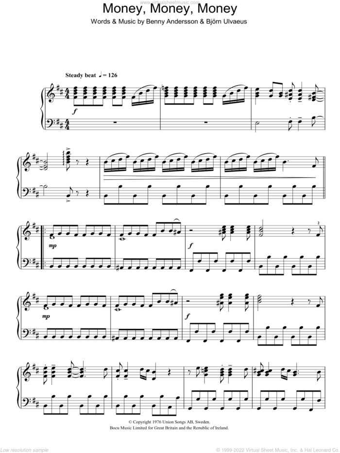 Money, Money, Money, (intermediate) sheet music for piano solo by ABBA, Benny Andersson and Bjorn Ulvaeus, intermediate skill level