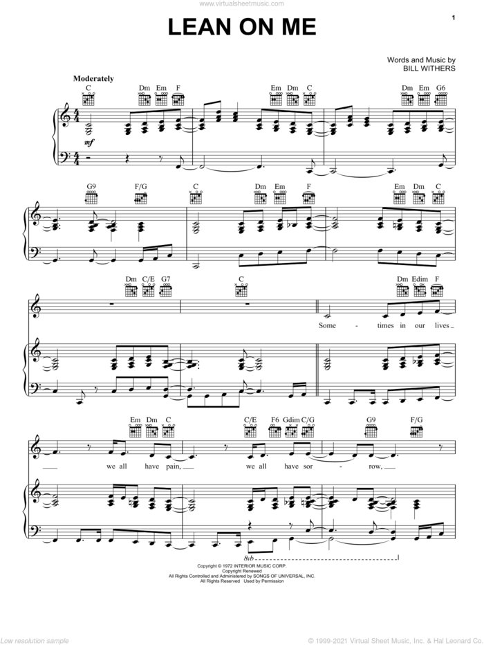 Lean On Me sheet music for voice, piano or guitar by Bill Withers, intermediate skill level