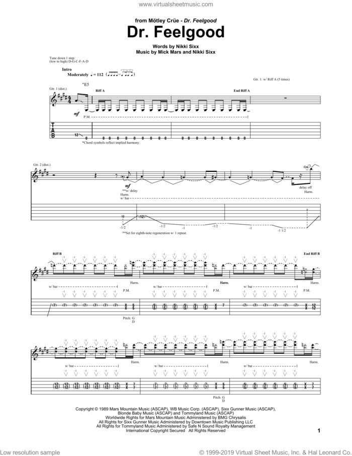 Dr. Feel Good sheet music for guitar (tablature) by Motley Crue, Mick Mars and Nikki Sixx, intermediate skill level