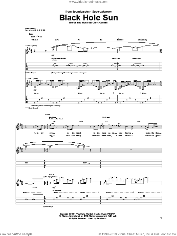 Black Hole Sun sheet music for guitar (tablature) by Soundgarden and Chris Cornell, intermediate skill level