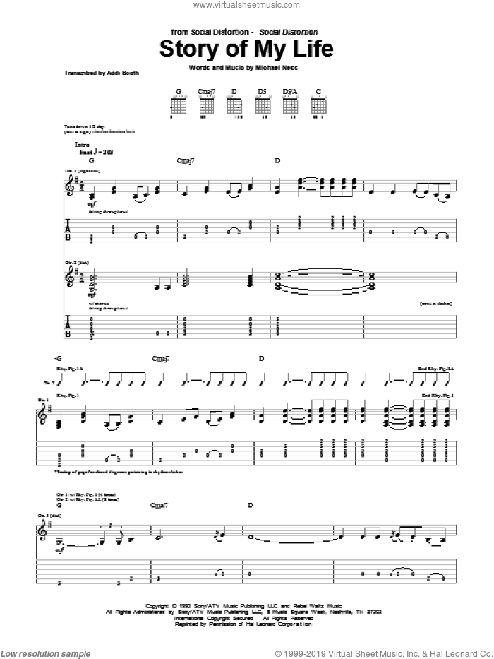 Story Of My Life sheet music for guitar (tablature) by Social Distortion and Michael Ness, intermediate skill level