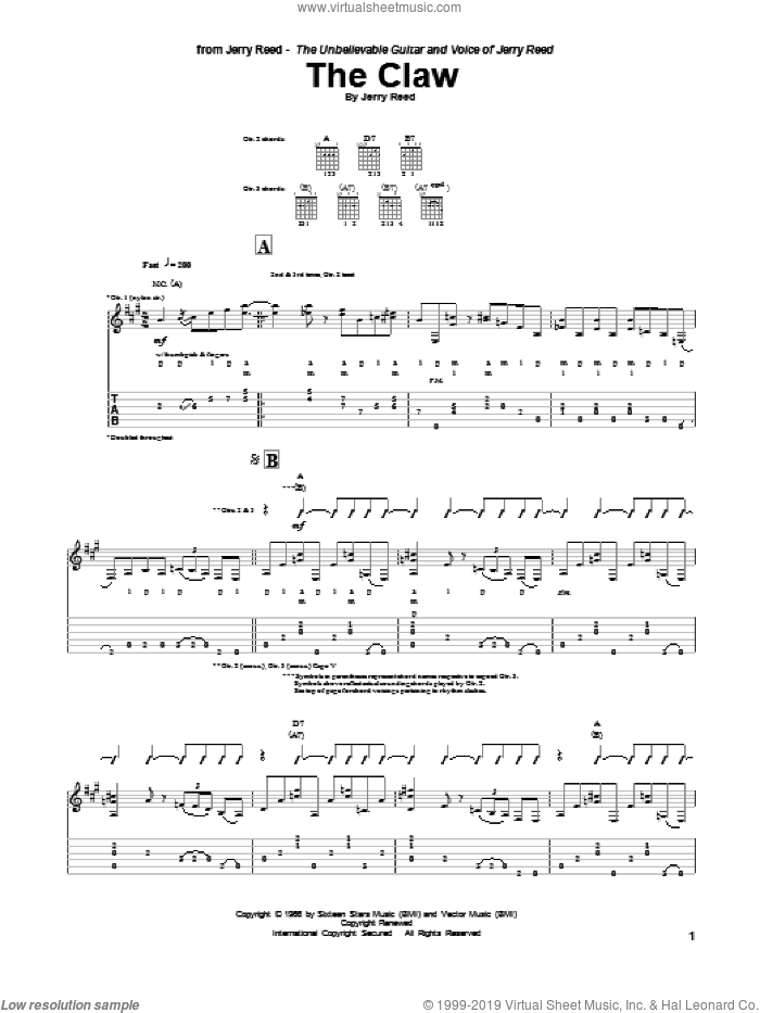 The Claw sheet music for guitar (tablature) by Jerry Reed, intermediate skill level