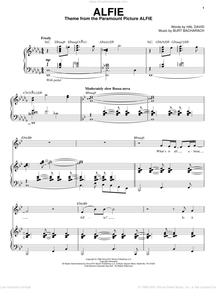 Alfie sheet music for voice and piano by Steve Tyrell, Bacharach & David, Burt Bacharach and Hal David, intermediate skill level