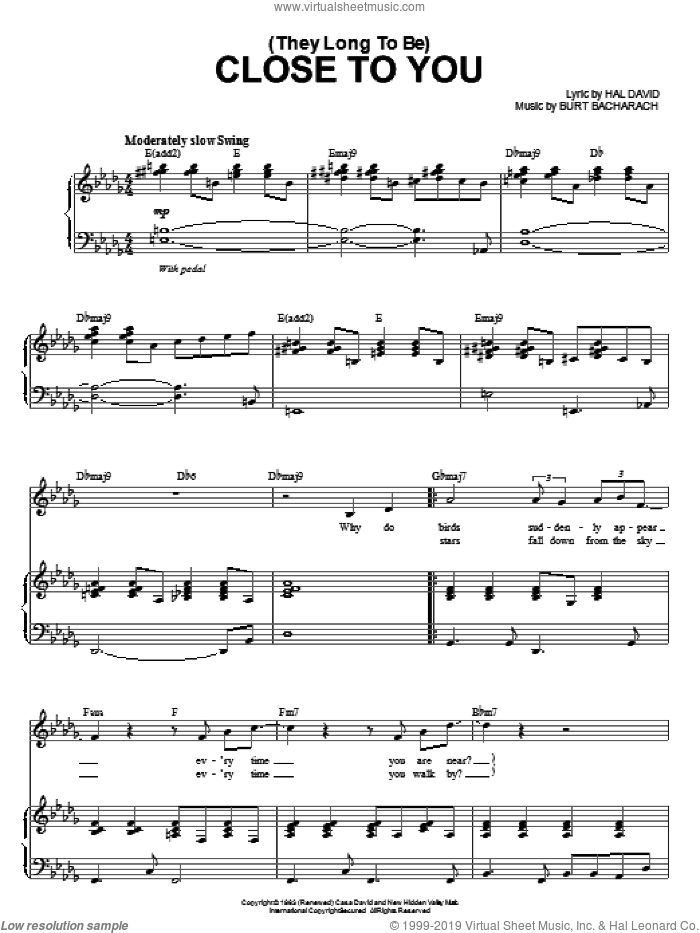 (They Long To Be) Close To You sheet music for voice and piano by Steve Tyrell, Bacharach & David, Carpenters, Burt Bacharach and Hal David, wedding score, intermediate skill level