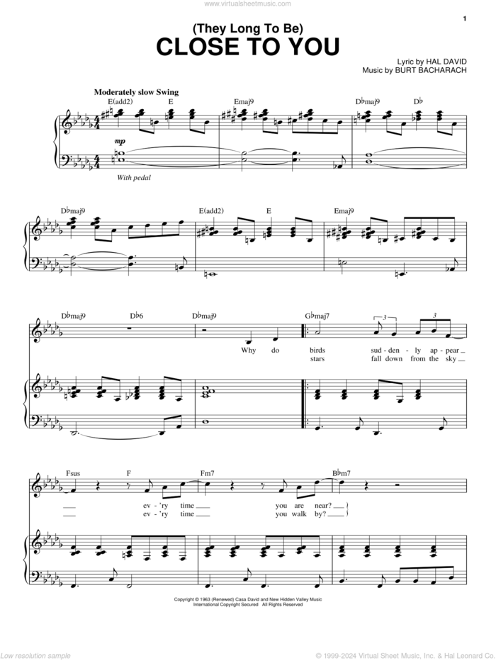 (They Long To Be) Close To You sheet music for voice and piano by Steve Tyrell, Bacharach & David, Carpenters, Burt Bacharach and Hal David, wedding score, intermediate skill level