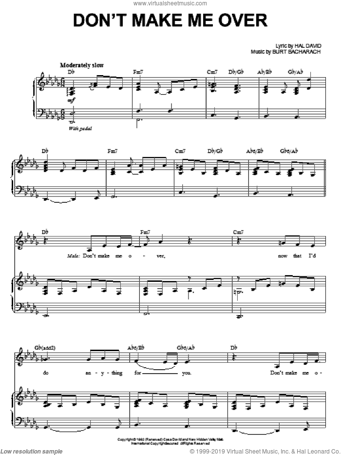 Don't Make Me Over sheet music for voice and piano by Steve Tyrell, Bacharach & David, Burt Bacharach and Hal David, intermediate skill level