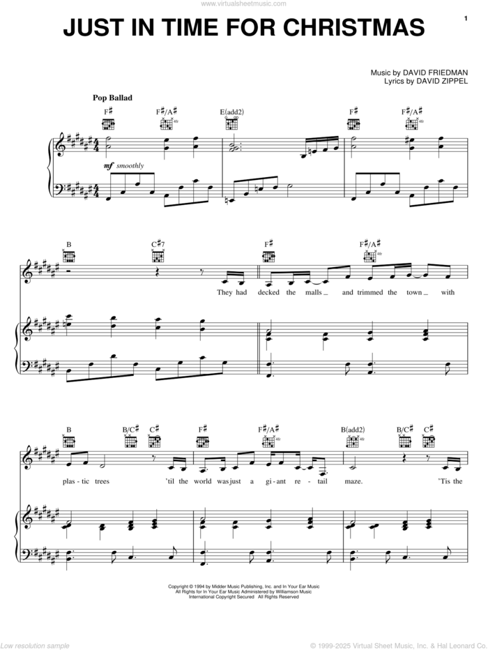 Just In Time For Christmas sheet music for voice, piano or guitar by David Zippel, Craig Rubano, Nancy Lamott and David Friedman, intermediate skill level