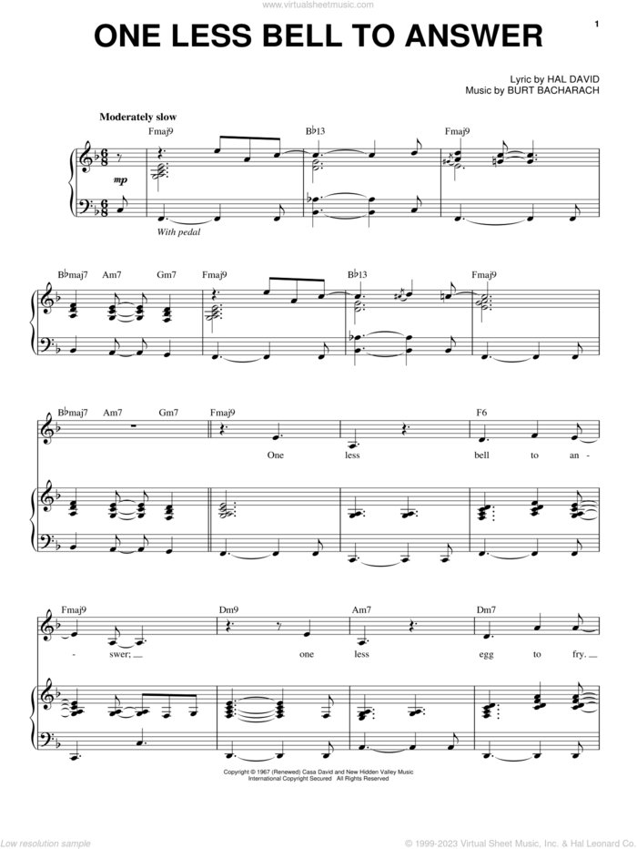 One Less Bell To Answer sheet music for voice and piano by Steve Tyrell, Bacharach & David, The Fifth Dimension, Burt Bacharach and Hal David, intermediate skill level