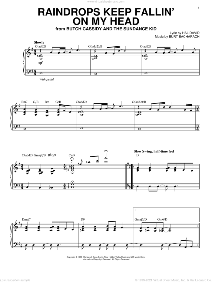 Raindrops Keep Fallin' On My Head sheet music for voice and piano by Steve Tyrell, B.J. Thomas, Bacharach & David, Burt Bacharach and Hal David, intermediate skill level