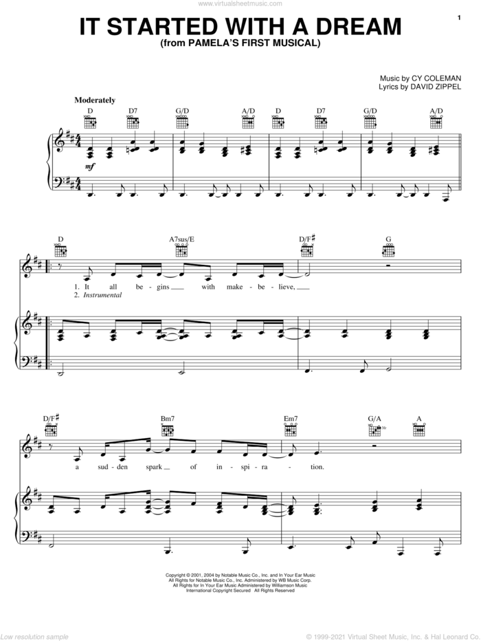 It Started With A Dream sheet music for voice, piano or guitar by David Zippel and Cy Coleman, intermediate skill level
