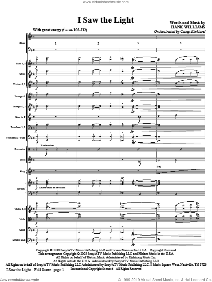 I Saw The Light (COMPLETE) sheet music for orchestra/band (Orchestra) by Hank Williams and Camp Kirkland, intermediate skill level