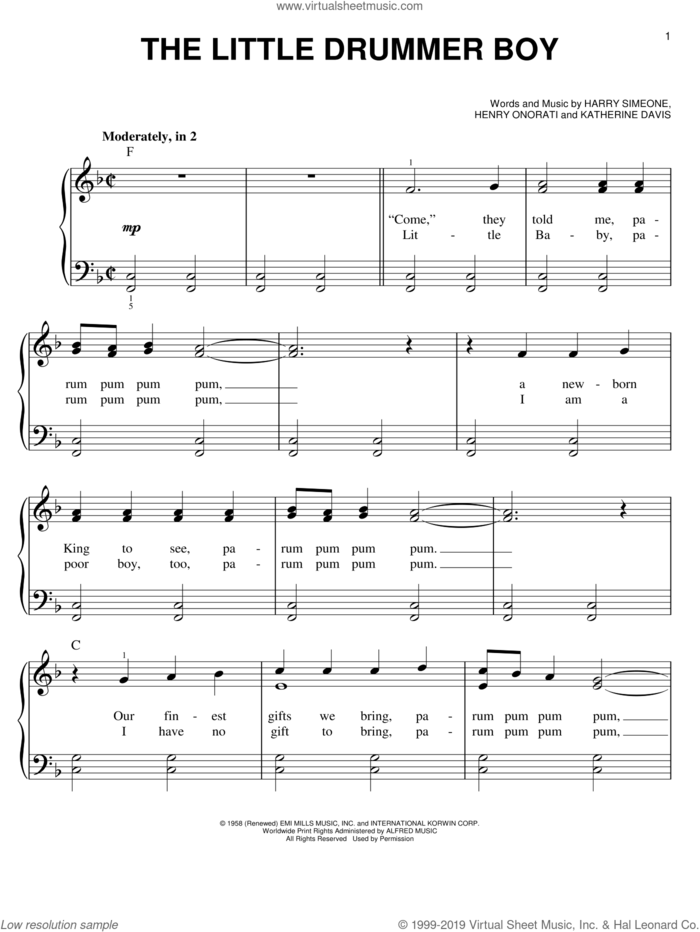 The Little Drummer Boy, (beginner) sheet music for piano solo by Katherine Davis, Harry Simeone and Henry Onorati, beginner skill level