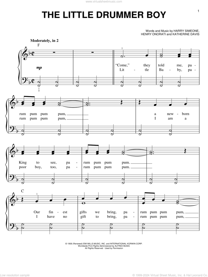 The Little Drummer Boy, (beginner) sheet music for piano solo by Katherine Davis, Harry Simeone and Henry Onorati, beginner skill level