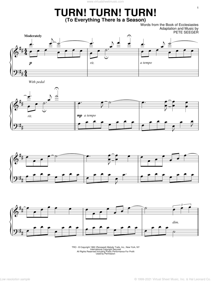 Turn! Turn! Turn! (To Everything There Is A Season) sheet music for piano solo by David Lanz, The Byrds and Pete Seeger, intermediate skill level