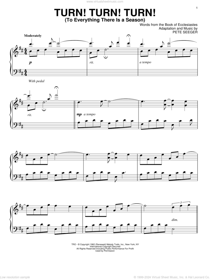 Turn! Turn! Turn! (To Everything There Is A Season) sheet music for piano solo by David Lanz, The Byrds and Pete Seeger, intermediate skill level