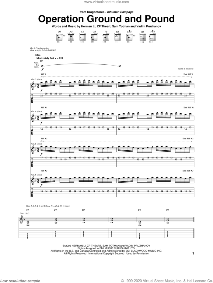 Operation Ground And Pound sheet music for guitar (tablature) by Dragonforce, Herman Li, Sam Totman, Vadim Pruzhanov and ZP Theart, intermediate skill level