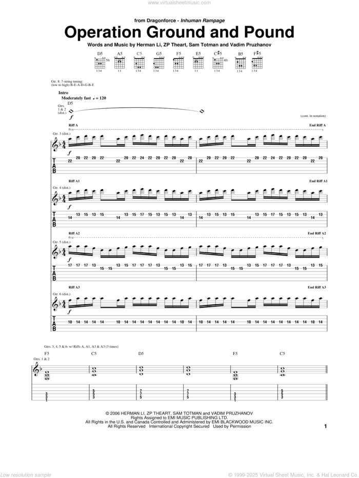 Operation Ground And Pound sheet music for guitar (tablature) by Dragonforce, Herman Li, Sam Totman, Vadim Pruzhanov and ZP Theart, intermediate skill level