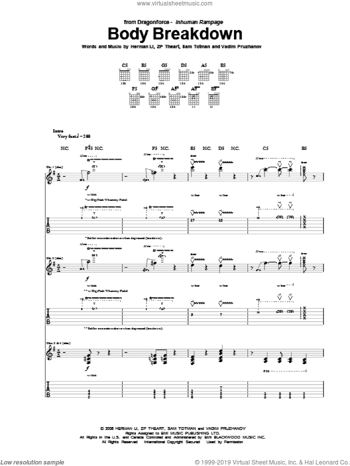 Body Breakdown sheet music for guitar (tablature) by Dragonforce, Herman Li, Sam Totman, Vadim Pruzhanov and ZP Theart, intermediate skill level