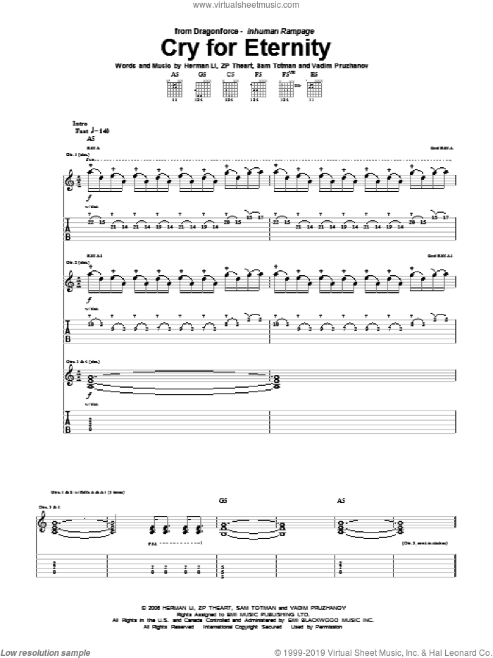 Cry For Eternity sheet music for guitar (tablature) by Dragonforce, Herman Li, Sam Totman, Vadim Pruzhanov and ZP Theart, intermediate skill level