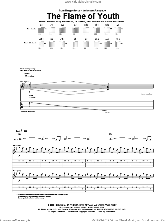 The Flame Of Youth sheet music for guitar (tablature) by Dragonforce, Herman Li, Sam Totman, Vadim Pruzhanov and ZP Theart, intermediate skill level