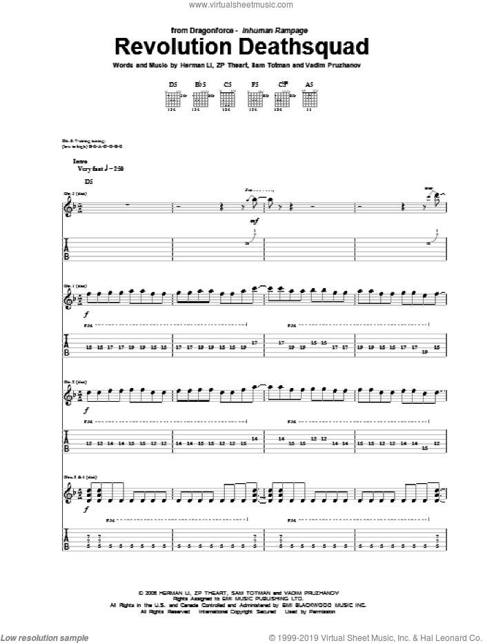 Revolution Deathsquad sheet music for guitar (tablature) by Dragonforce, Herman Li, Sam Totman, Vadim Pruzhanov and ZP Theart, intermediate skill level