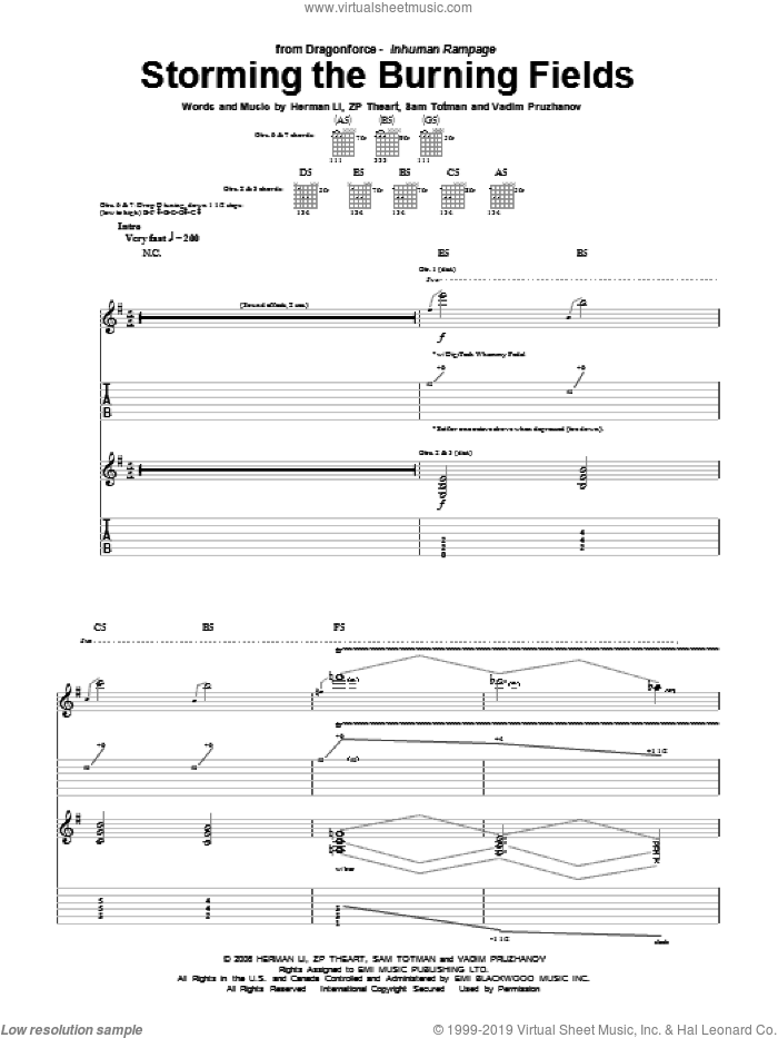 Storming The Burning Fields sheet music for guitar (tablature) by Dragonforce, Herman Li, Sam Totman, Vadim Pruzhanov and ZP Theart, intermediate skill level