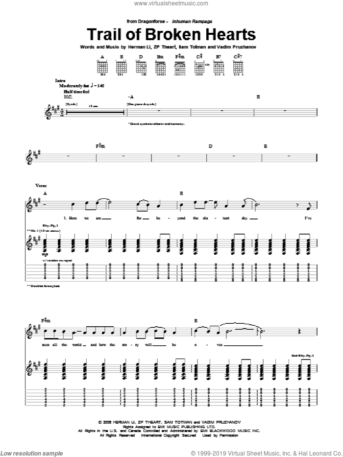 Trail Of Broken Hearts sheet music for guitar (tablature) by Dragonforce, Herman Li, Sam Totman, Vadim Pruzhanov and ZP Theart, intermediate skill level