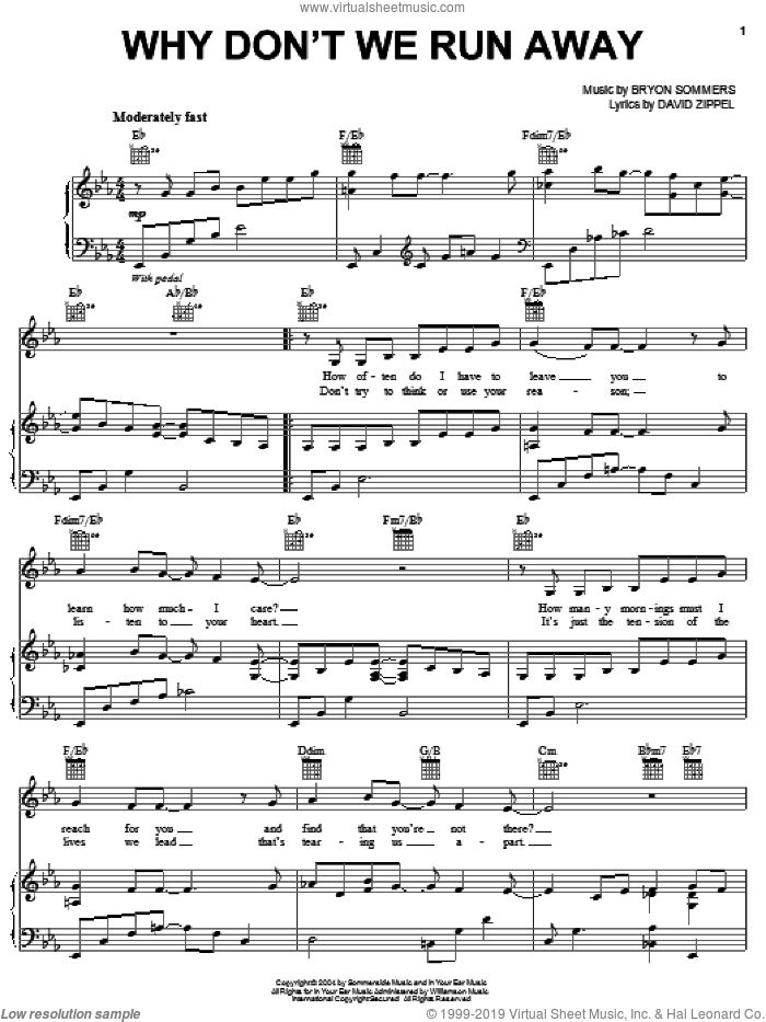 Why Don't We Run Away sheet music for voice, piano or guitar by David Zippel, Nancy Lamott and Bryon Sommers, intermediate skill level