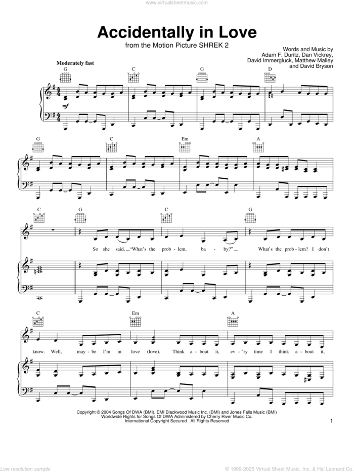 Accidentally In Love sheet music for voice, piano or guitar by Counting Crows, Shrek 2 (Movie), Adam Duritz, Dan Vickrey and David Immergluck, intermediate skill level