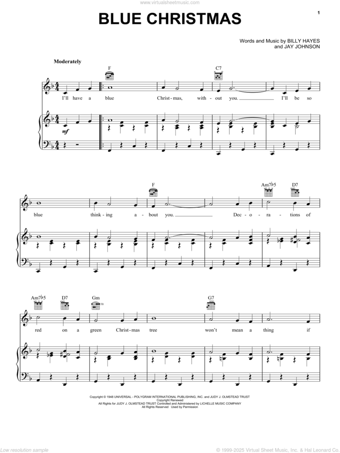 Blue Christmas sheet music for voice, piano or guitar by Elvis Presley, Billy Hayes and Jay Johnson, intermediate skill level