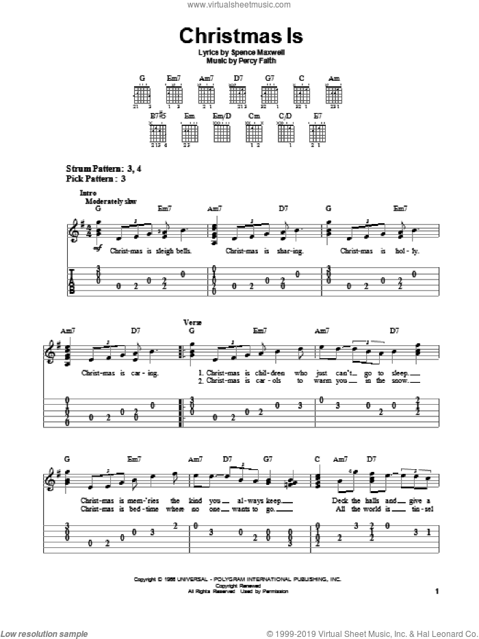 Christmas Is sheet music for guitar solo (easy tablature) by Percy Faith and Spence Maxwell, easy guitar (easy tablature)