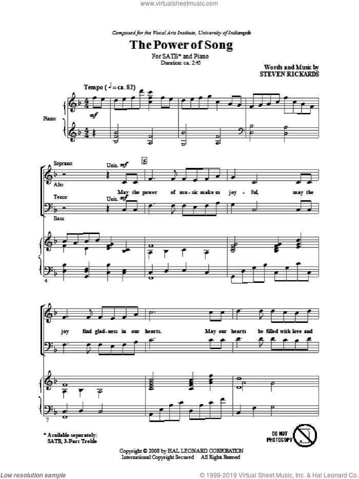 The Power Of Song sheet music for choir (SATB: soprano, alto, tenor, bass) by Steve Rickards, intermediate skill level