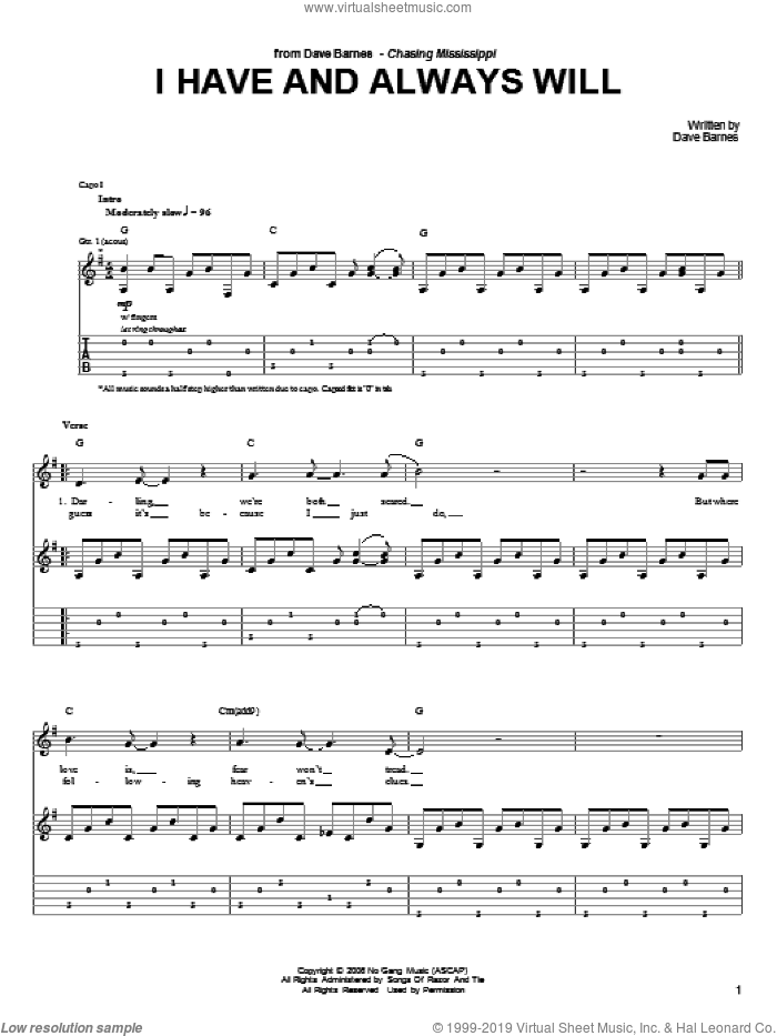 I Have And Always Will sheet music for guitar (tablature) by Dave Barnes, wedding score, intermediate skill level