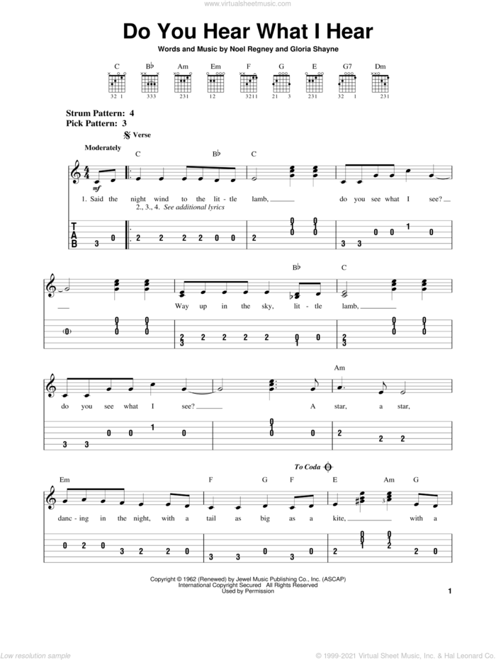 Do You Hear What I Hear sheet music for guitar solo (easy tablature) by Gloria Shayne and Noel Regney, easy guitar (easy tablature)