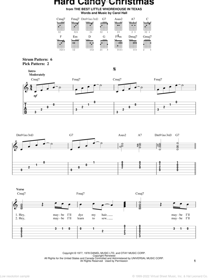 Hard Candy Christmas sheet music for guitar solo (easy tablature) by Dolly Parton, Kenny Rogers and Carol Hall, easy guitar (easy tablature)