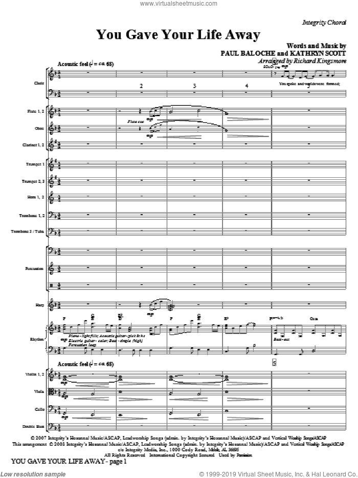 You Gave Your Life Away (COMPLETE) sheet music for orchestra/band (Orchestra) by Paul Baloche, Kathryn Scott and Richard Kingsmore, intermediate skill level