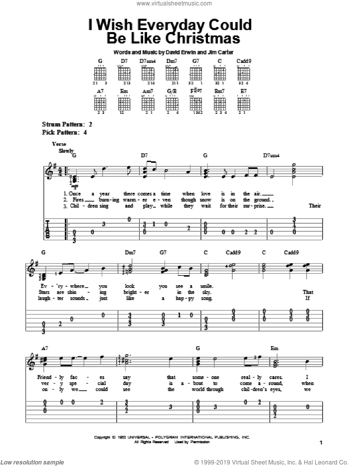 I Wish Everyday Could Be Like Christmas sheet music for guitar solo (easy tablature) by Brook Benton, David Erwin and Jim Carter, easy guitar (easy tablature)