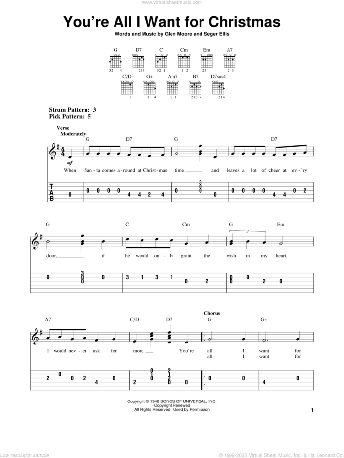 You're All I Want For Christmas sheet music for guitar solo (easy tablature) by Brook Benton, Bing Crosby, Glen Moore and Seger Ellis, easy guitar (easy tablature)