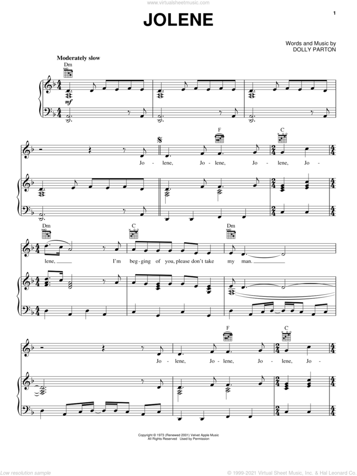 Jolene sheet music for voice, piano or guitar by Dolly Parton, intermediate skill level