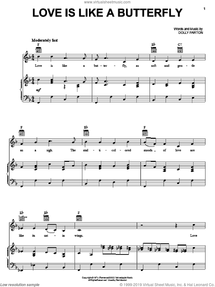Love Is Like A Butterfly sheet music for voice, piano or guitar by Dolly Parton, intermediate skill level