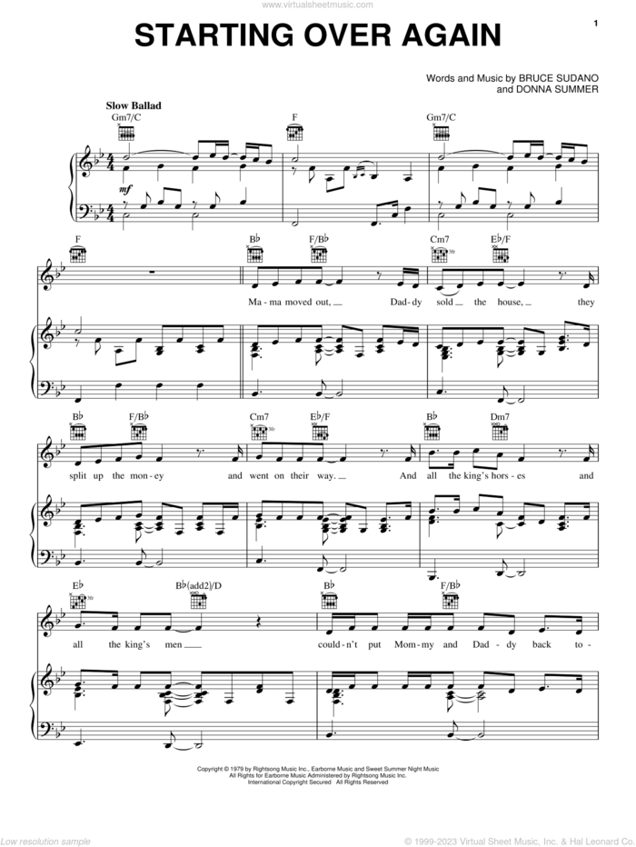 Starting Over Again sheet music for voice, piano or guitar by Dolly Parton, Bruce Sudano and Donna Summer, intermediate skill level