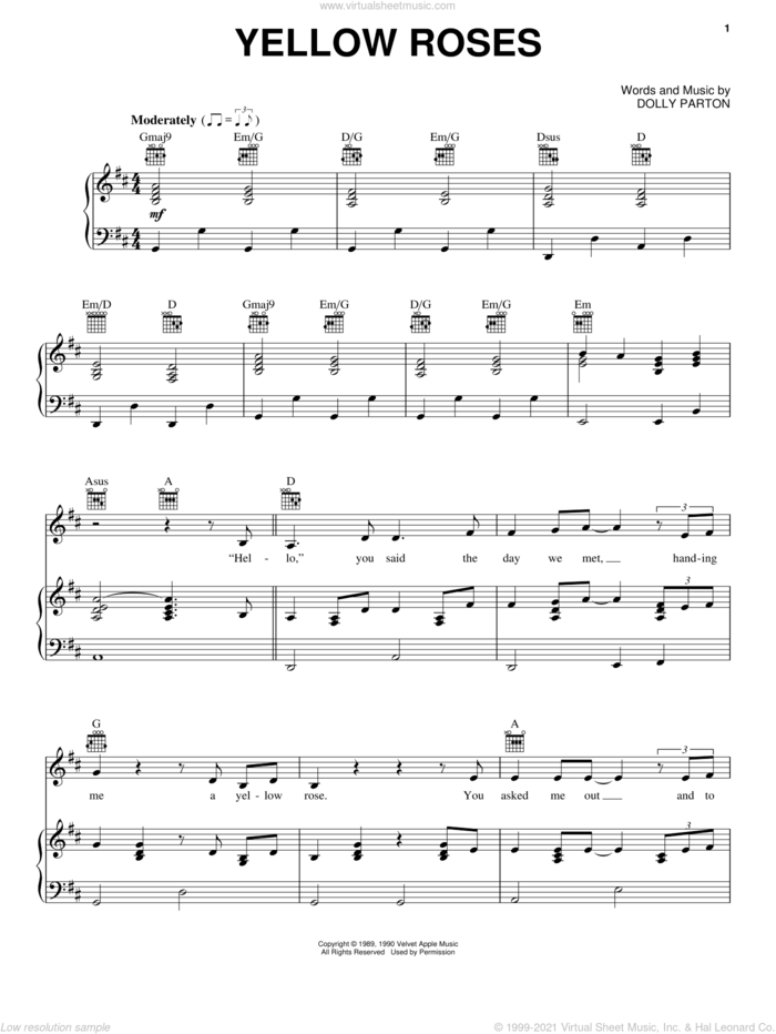 Yellow Roses sheet music for voice, piano or guitar by Dolly Parton, intermediate skill level